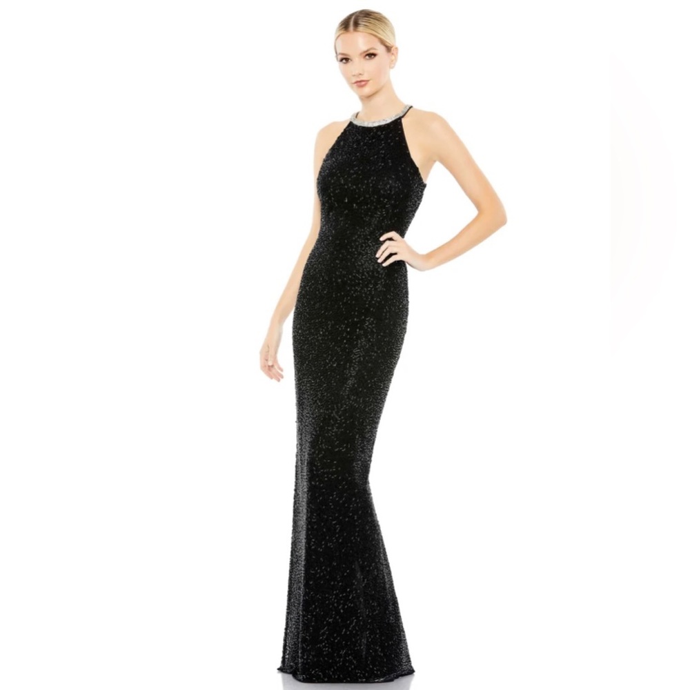 Mac Duggal black tie black and crystal halter dress
